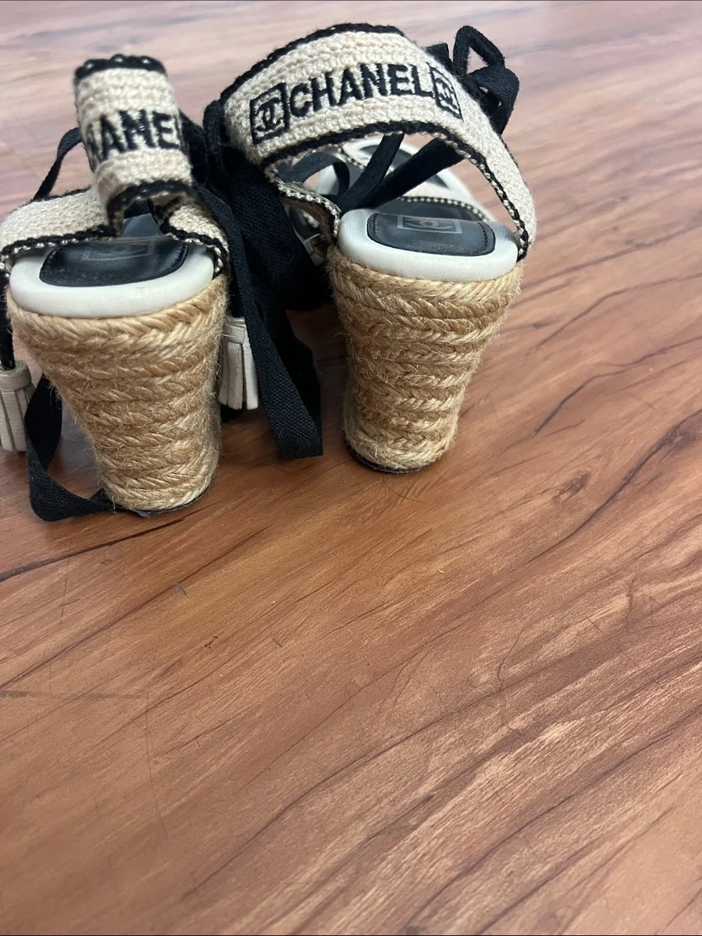 CHANEL Cream and Black Espadrille Sandals with Ankle Ties